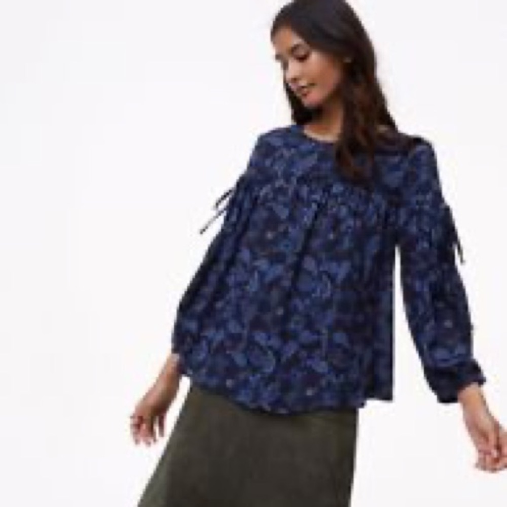 Ann Taylor Loft Blue Peasant Bows Flowy Top XS S M